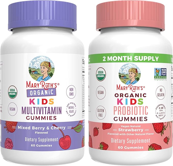 MaryRuth Organics Gummies for Kids–Multivitamin (Mixed Berry &amp Cherry) &amp Probiotic (Strawberry) | USDA Organic No Gelatin! | Vitamins for Immunity Gut Health &amp Overall Wellness | Vegan