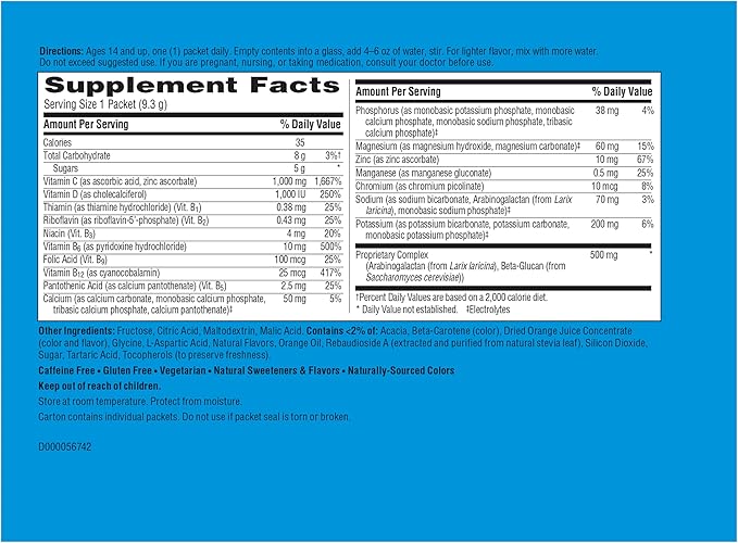Emergen-C Immune+ Triple Action Immune Support Powder BetaVia (R) 1000mg Vitamin C B Vitamins Vitamin D and Antioxidants Super Orange – 50 Count