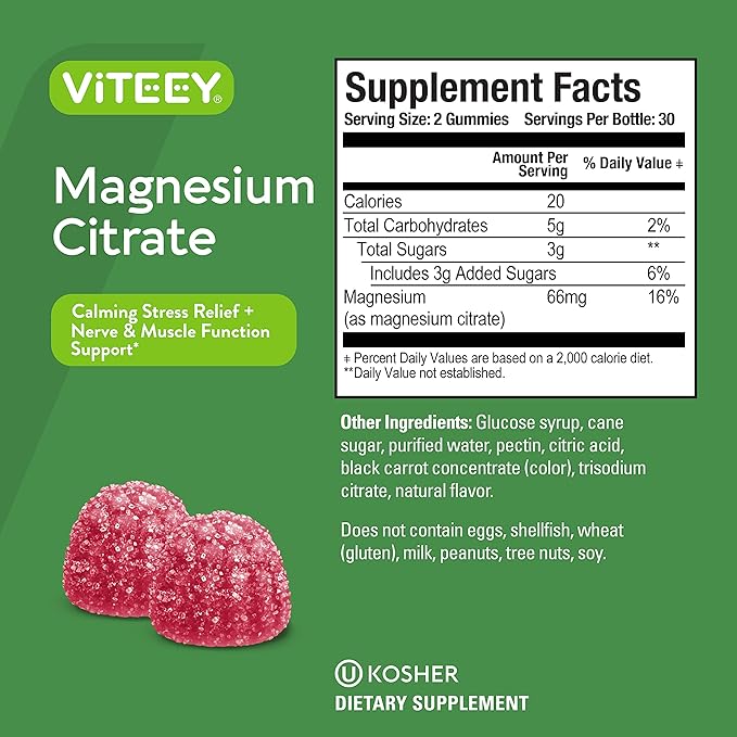 VITEEY Magnesium Gummies for Adults - 66mg of Magnesium Citrate Gummy for Calm Sleep Nerve &amp Muscle Function Support - Vegetarian Gluten Free - 120 Count
