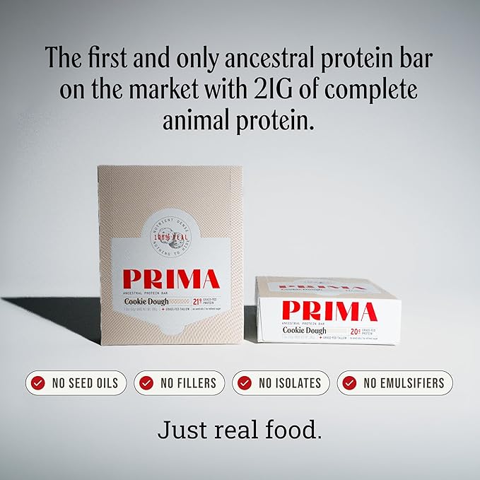 PRIMA Ancestral Protein Bar – Clean Grass Fed Protein Bar with Whey Collagen Honey and Coconut – 21g Protein No Preservatives or Seed Oils – Cookie Dough - 7 Pack