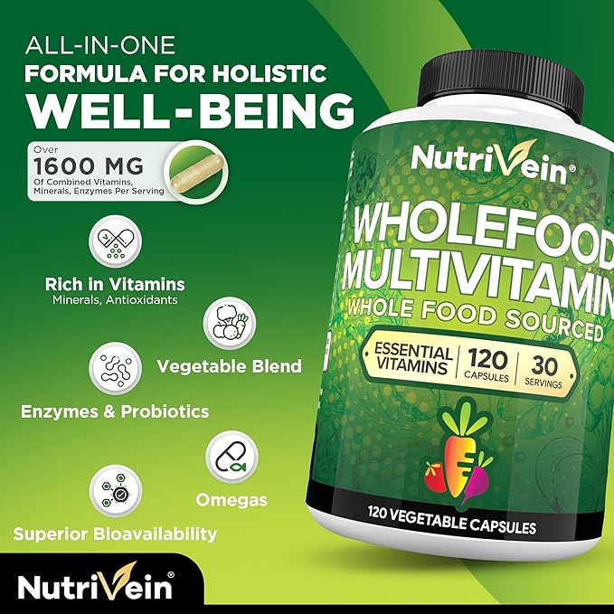 Nutrivein Whole Food Multivitamin for Men &amp Women – 120 Vegan Multivitamin Caps for Adults – Daily Energy Immune &amp Heart Support – Raw Fruit &amp Veggie Blend + B Vitamins - Not Intended for