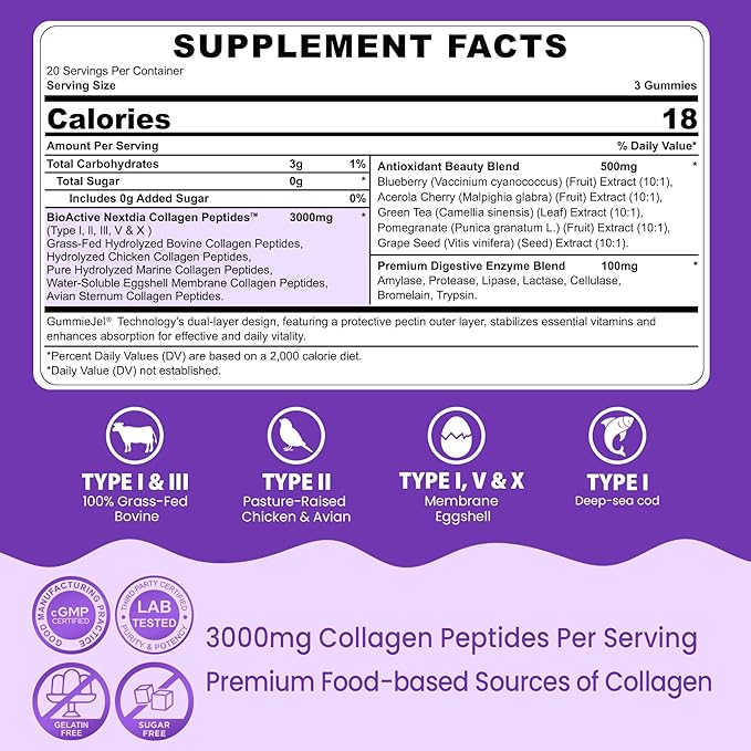 Sugar Free Collagen Peptide Filled Gummies 1 Pack + Fiber Gummies for Adults 2 Pack
