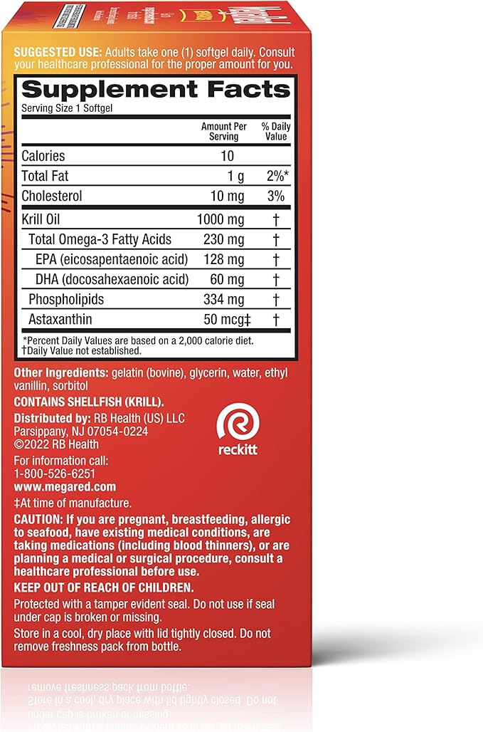 MegaRed Ultra Strength 1000mg Omega-3 Krill Oil Supplement with EPA/DHA Astaxanthin &amp Phospholipids No Fish Oil Aftertaste Supports Heart Brain Joint and Eye Health 60 Count Softgels.