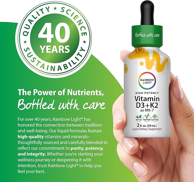 Rainbow Light Vitamin D3 + K2 as MK7 | 2 Fl Oz | 2000IU Vitamin D | High Potency Formula | Vegetarian Non-GMO Gluten Free