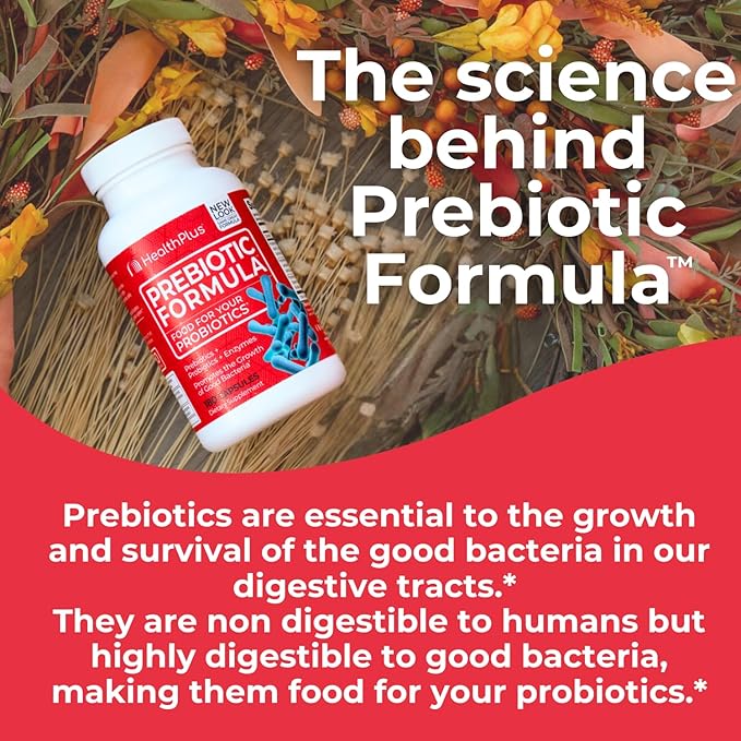 Health Plus Prebiotic Formula - Probiotics + Prebiotics + Digestive Enzymes - Gluten Free Dairy Free Natural Herbal Ingredients (180 Capsules 60 Servings)