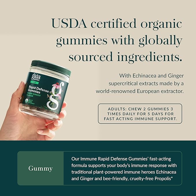 Gaia Herbs Rapid Defense Gummies - Supports Immune Health* - with Propolis Ginger &amp Echinacea - USDA Organic - 60 Vegetarian Gummies (30 Servings)