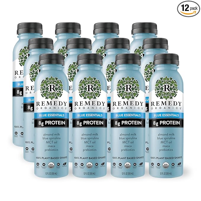 Remedy Organics Blue Essentials 12-Pack | Plant Based 8g Protein Shakes Ready to Drink | USDA Organic Gluten Free Dairy Free Soy Free