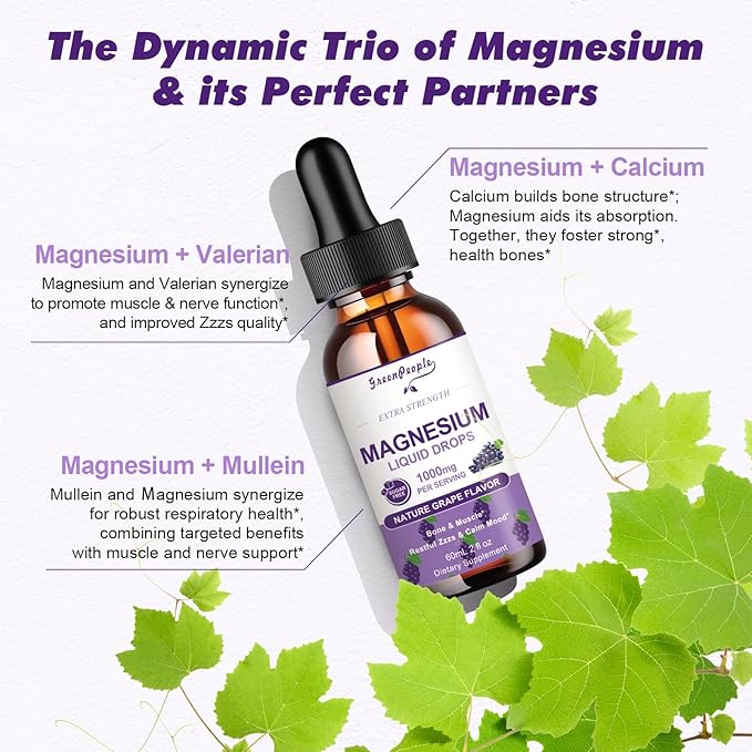 GREENPEOPLE Magnesium Glycinate Liquid Drops - 1000mg 5-in-1 High Absorption Liquid Magnesium for Sleep with D3/K2/B6 | Fast-Acting Bone Muscle &amp Sleep | Sugar-Free Grape Flavor 2fl Oz