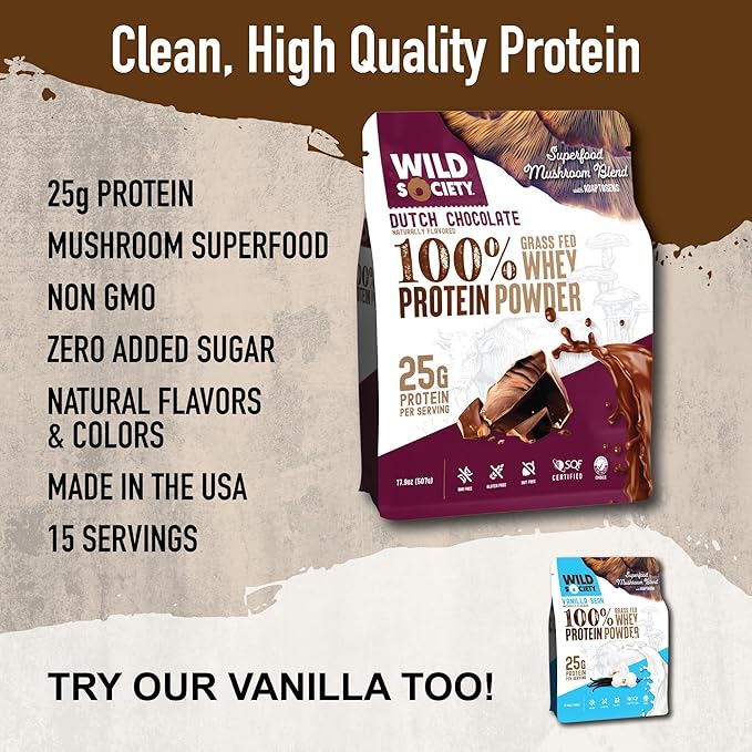WILD SOCIETY - Top Flavor Mulitpack - 100% Grass Fed Whey Protein Powder + Superfood Mushrooms &amp Adaptogens - 25g Protein Clean Protein Powder 0 Added Sugar Non GMO Gluten Free -