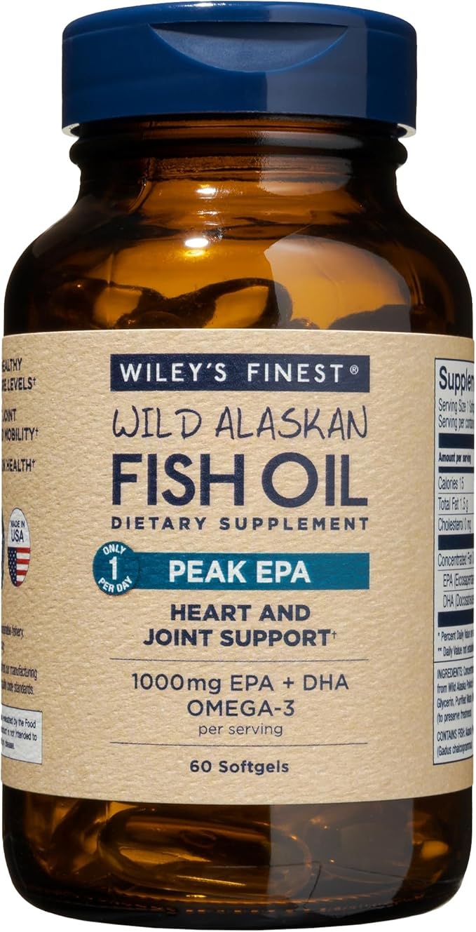 Wiley's Finest Wild Alaskan Fish Oil Peak EPA - Triple Strength Peak EPA &amp DHA Supplement - 1000mg Fish Oil - Omega-3s for Joint Health Support - 60 Softgels (60 Servings)