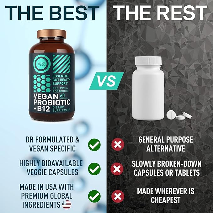 Vegan Probiotic Plus B12 &amp FOS - 22 Billion CFU Synbiotics Prebiotics and Probiotics for Digestive Health IBS Mood Support - B12 Pre Pro Post Biotics for Women &amp Men - 60 Gluten-Free Capsule