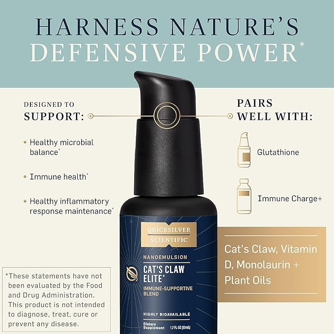 Quicksilver Scientific Nanoemulsified Cat's Claw - Liquid Immune Support Supplement with Uncaria tomentosa 1000 IU Vitamin D + Monolaurin - Vegan + Superior Liposomal Absorption (1.7oz / 50ml)