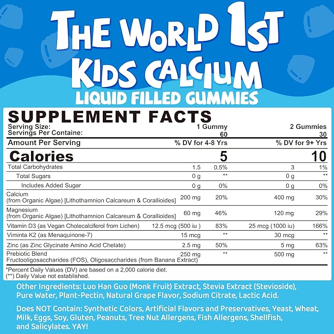 2 Pack - Calcium for Kids 400mg Sugar Free Kids Calcium Gummies w/Vitamin D3 K2 Magnesium Zinc Extra Absorption Algae Calcium for Children Bone Strength Development Chewable Kids Vitamins Vegan
