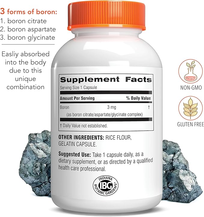 Botanic Choice Super Boron Complex (3mg) - Promotes Bone &amp Prostate Health by Metabolizing Calcium &amp Magnesium - 3 Forms of Boron for Men &amp Women - 2 Pack