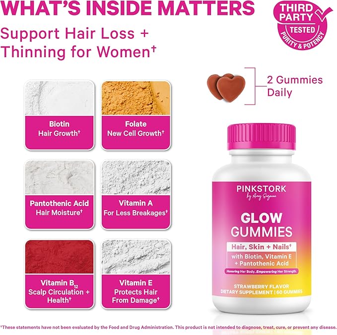 Pink Stork Total Glow Gummies for Women – Hair Skin &amp Nails Vitamin with Biotin Vitamin A B6 B12 Folate Zinc &amp More – Support for Radiant Skin Strong Nails and Healthy Hair – 60 Berry