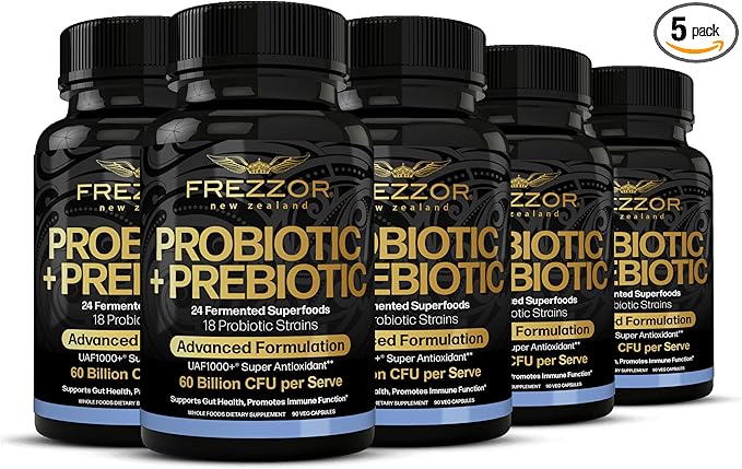 FREZZOR Probiotic + Prebiotic Capsules Once Daily 60 Billion CFUs Digestive Health for Men and Women 18 Strains Shelf Stable With Fermented Wholefoods Prebiotic &amp Fibre 450 caps 5 Month Su