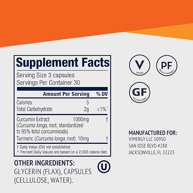 Vimergy Curcumin with Turmeric Supplement 1000mg Curcumin Extract/Serving – Liquid Capsules - Non-GMO Gluten-Free Kosher Vegan &amp Paleo Friendly Turmeric Curcumin Supplement