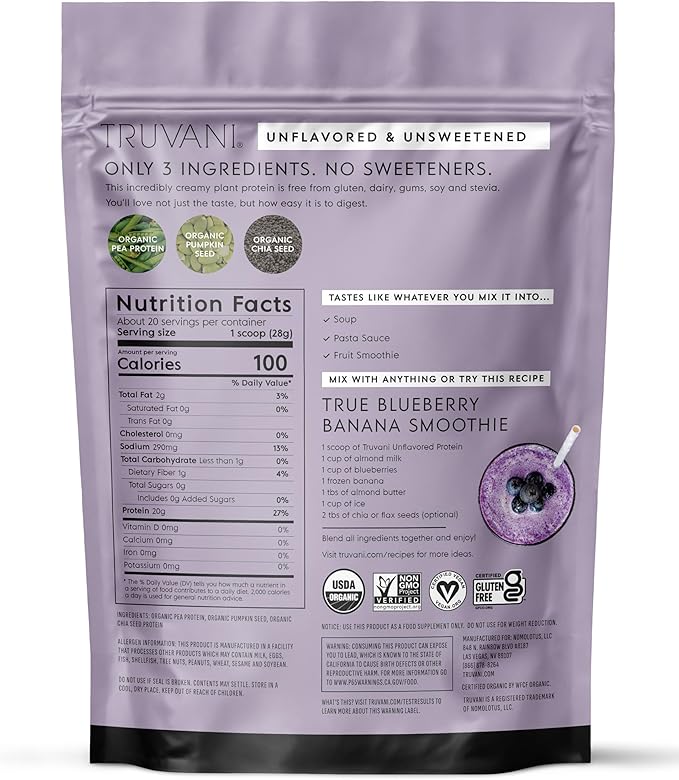 Truvani Pea Protein Powder | Unflavored | 20g Organic Vegan Plant Based Protein | 20 Servings | Keto | Gluten &amp Dairy Free | Low Carb | No Added Sugar