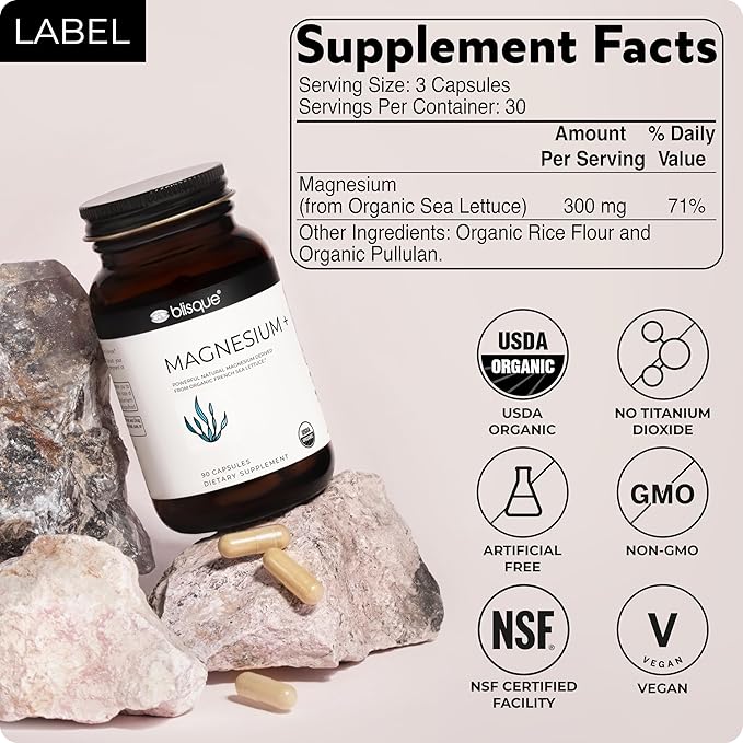 Blisque - Magnesium Support Supplement | for Bone Joint Muscle Heart and Nerve Health | from Organic French Sea Lettuce | Vegan and Non-GMO | 90 Capsules