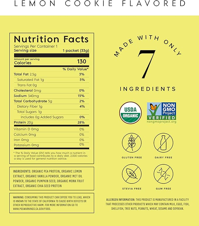 Truvani Vegan Pea Protein Powder | Lemon Cookie | 20g Organic Plant Based Protein | Single Serving Travel Packets | 10 Servings | Keto | Gluten &amp Dairy Free | Low Carb | No Added Sugar