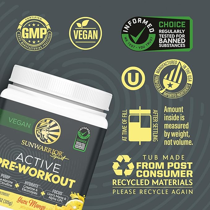 Sunwarrior Vegan Protein Powder USDA Organic | 20 Servings Vanilla Flavored &amp Pre-Workout Powder | 30 Servings Yuzu Mango Flavored