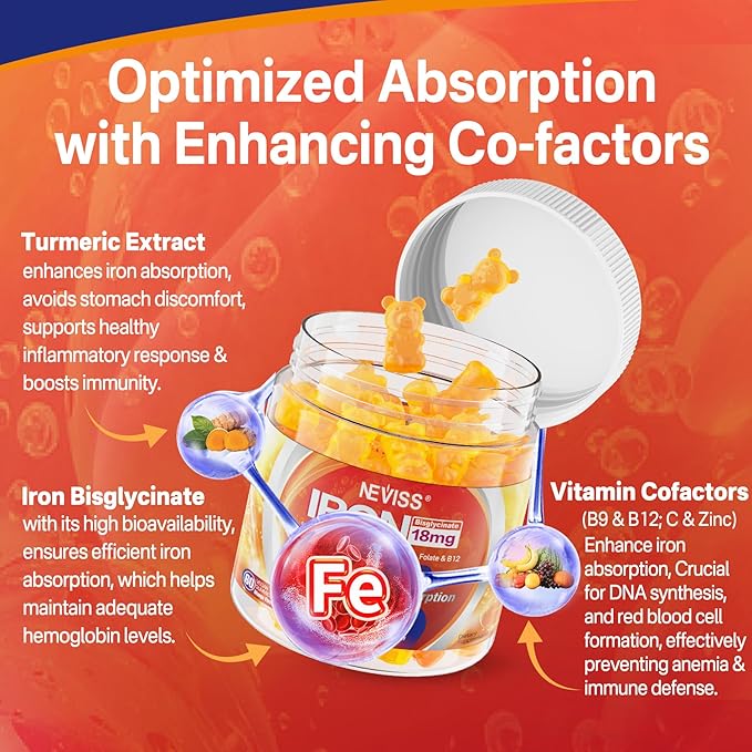 NEVISS Vitamin D3 5000IU + K2 (MK-7) 120mcg Sugar-Free Vegan Iron Gummies Supplement with Vitamin C B12 Folate &amp Turmeric - Energy &amp Immune Health