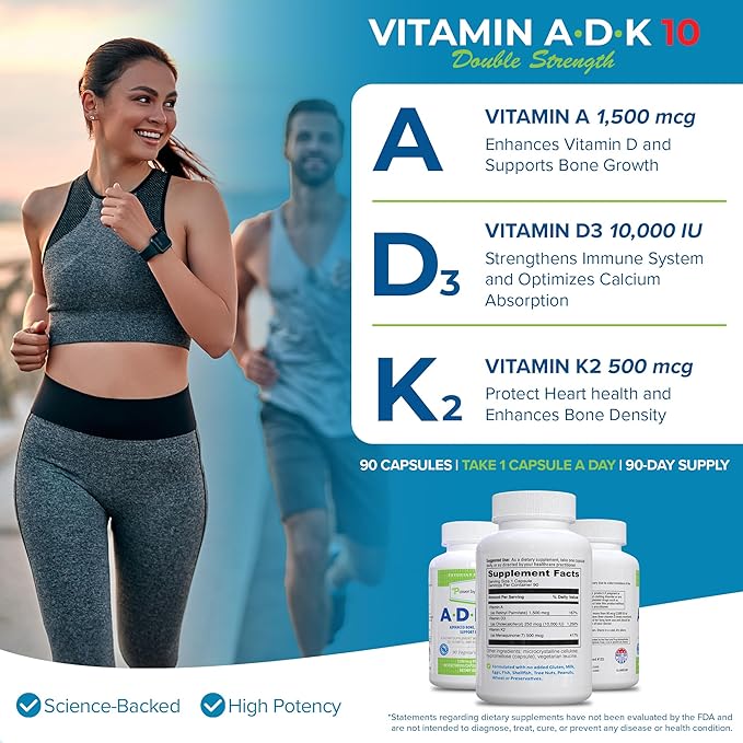 Power By Naturals ADK Vitamin Supplement – ADK 10 High Potency with Vitamins A D3 10000 IU &amp K2 MK7 for Superior Heart Immune &amp Bone Health Support – 90 Capsules 1 Pack (3-Month Supply)