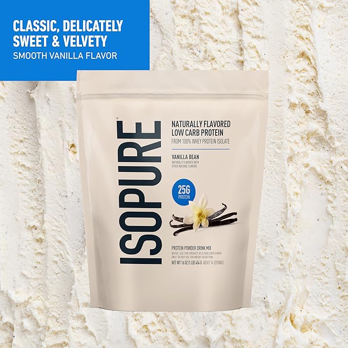 Isopure Low Carb 100% Pure Whey Isolate Protein Powder Lactose Free Gluten Free With Vitamins Vanilla Bean 25g Protein Per Serving 1 Lb 14 Servings (Packaging May Vary)