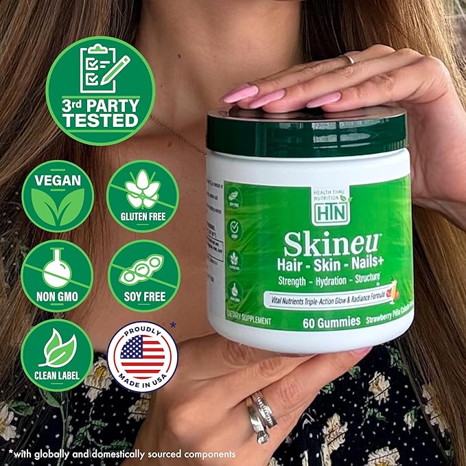 Health Thru Nutrition Skineu Hair Skin &amp Nails+ Gummies | Biotin 5000mcg Hyaluronic Acid Retinyl Palmitate | Beauty Support - Strength &amp Hydration | Strawberry Piña Colada Flavor | 60 Gummi