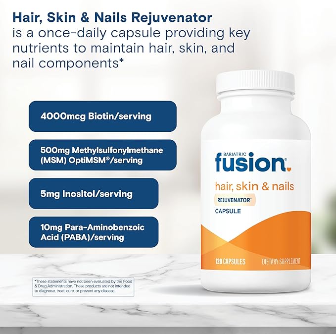 Bariatric Fusion ONE Per Day Bariatric Hair Skin and Nails Vitamins REJUVENATOR for Women | Vegan Hair Growth Vitamins with Biotin Vitamin B12 and B1 | Easy to Swallow | 120 Capsules