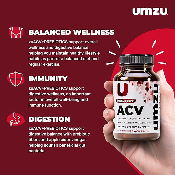 UMZU zuACV Apple Cider Vinegar + Prebiotics Supplement (30 Day Supply) – ACV &amp Inulin Fiber Blend – Gut Health Support with ACV Capsules for Daily Digestive Health &amp Wellness Balance Formula