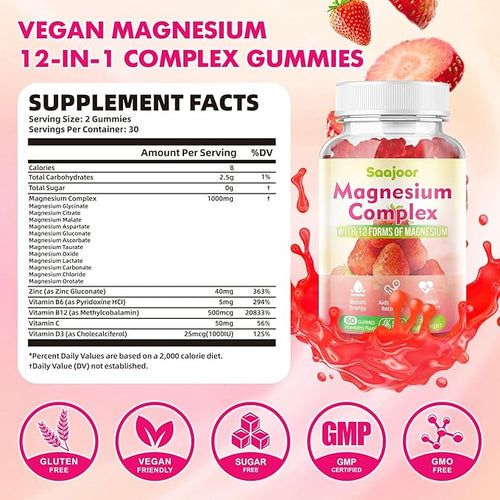 2 Pack Magnesium Complex Gummies – with 12 Forms of Magnesium (Citrate Glycinate Malate Oxide and More) Plus Vitamins B6 B12 and C. for Women and Men – Strawberry Flavor 120 Count