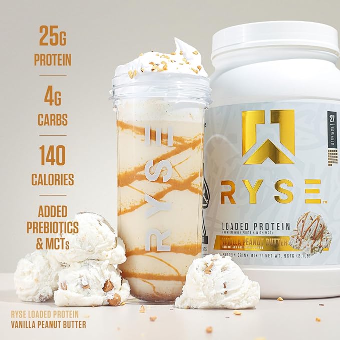 RYSE Loaded Protein Powder - Vanilla Peanut Butter - 25g Whey Protein Isolate &amp Concentrate with Prebiotic Fiber &amp MCTs - Low Carb Low Sugar Digestive-Friendly - 27 Servings / 2 lb Tub