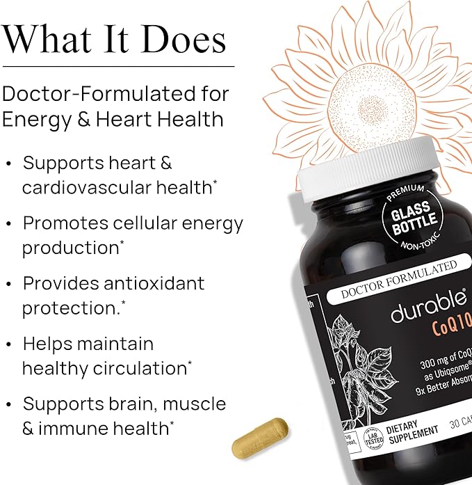 Durable CoQ10 – 300mg Coenzyme Q10 Phytosome with 9X Better Absorption + Quercetin – Heart Energy &amp Cellular Support – Doctor Formulated Vegan Non-GMO Made in USA Once-Daily (30 Capsules)