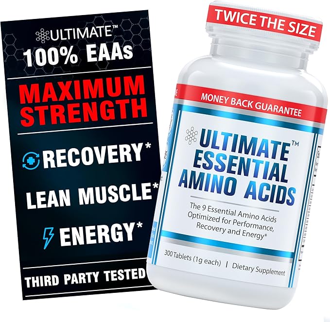 Ultimate 100% Essential Amino Acid Supplement for Cutting Fasting &amp Workouts - All 9 EAAs 40% Leucine — Ideal BCAA Ratio for Energy Muscle &amp Recovery - 300 Easy-to-Swallow Keto &amp Vegeta