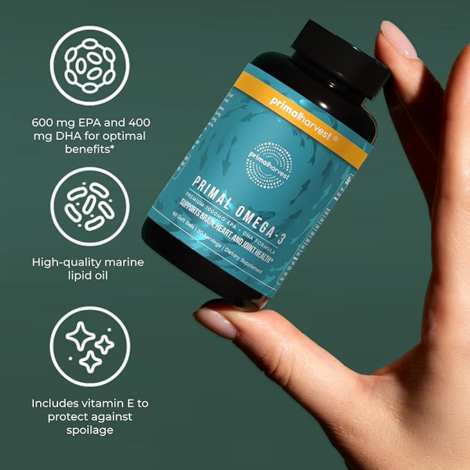 Primal Harvest Omega 3 Fish Oil Supplements 30 Servings Soft Gels Capsules w/ 1000mg EPA + DHA Supplements No Fishy Burps Non-GMO Omega 3 Fatty Acid 2 Pack