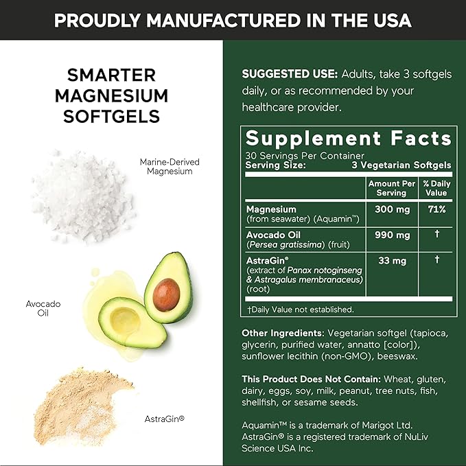 Smarter Nutrition Marine Magnesium Supplement 300mg - Naturally Sourced Clinically Tested Magnesium + Avocado Oil &amp AstraGin for High Absorption - Non-GMO (90 Count (Pack of 1))