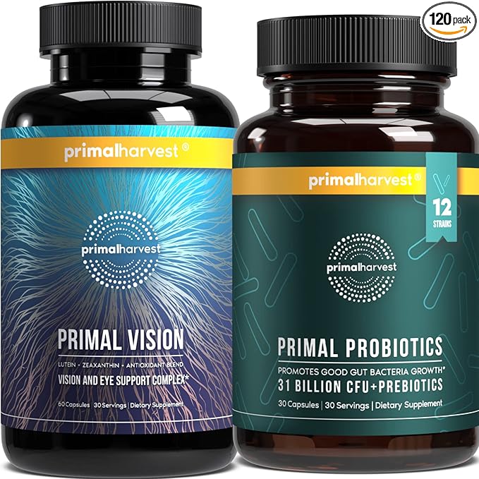 Primal Harvest Probiotics &amp Vision Supplements for Women and Men Vision and Eye Support Complex with Lutein Zeaxanthin Bundle