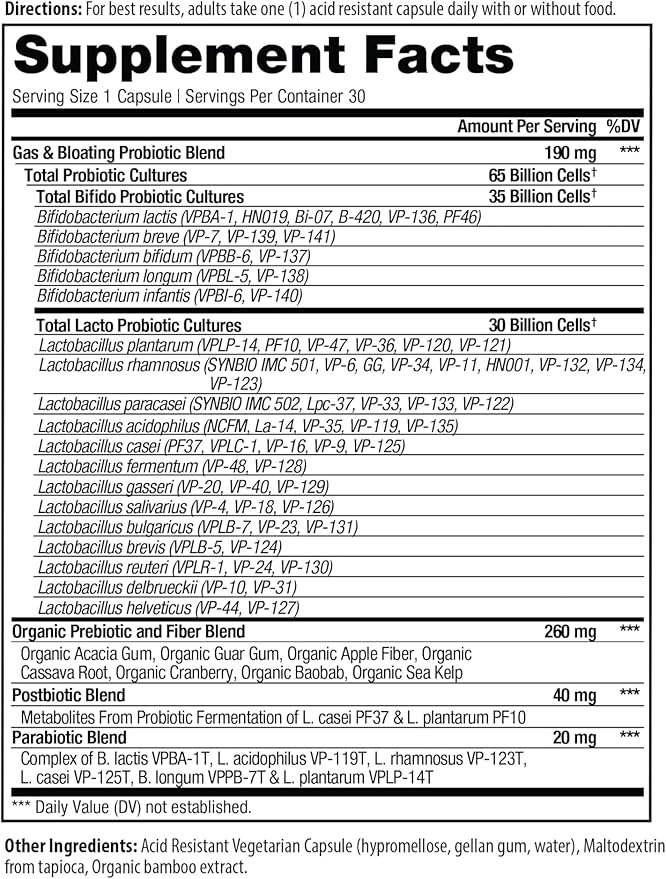 Vital Pro Naturals - Gas &amp Bloating Probiotics + Prebiotics Postbiotics Parabiotics 4-in-1 Health Supplement for Adults High Potency 65 Strains Once Daily Digestive and Immune Support 30 ct