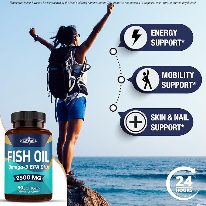 NEW AGE Omega 3 Fish Oil 2500mg Supplement Non GMO - EPA DHA Fatty Acids Gluten Free (180 Softgels (Pack of 2))