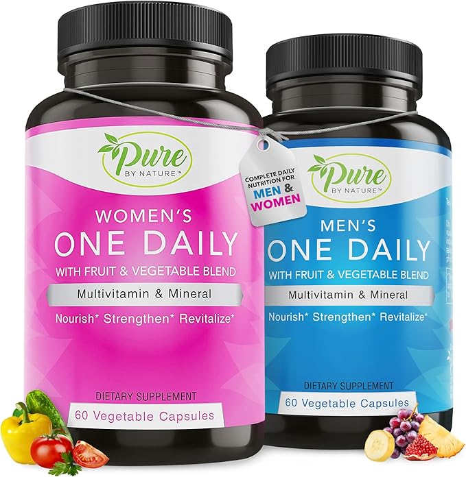 Pure By Nature One Daily Multivitamin for Women &amp Men Bundle Pack Multi Vitamins and Minerals Supplement for Immune Support with Vitamin B12 Gluten-Free &amp Non-GMO Each with 60 Veggie Capsule