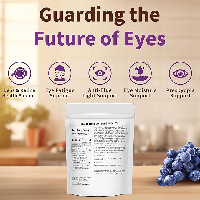 Blueberry Lutein Gummies with 120 Count - 2 Month Supply Eye Health Support Supplement for Kids and Adult Contains Blueberry Juice (30 mg/Gummy) &amp Lutein (20 mg/Gummy)