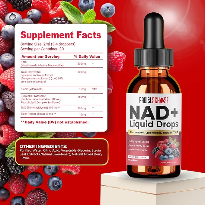 NAD+ Liquid Drops – with Resveratrol Quercetin Niacin &amp TMG – 10-in-1 Nutrient Support Formula for Cellular Energy &amp Wellness – Mixed Berry Flavor – 2 fl oz