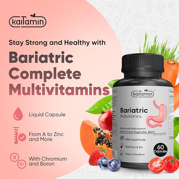Bariatric Multivitamin with Iron - Easy-to-Swallow Capsule for Post Bariatric Surgery - Post Sleeve and Post Bypass with 42 Fruit &amp Veggies Blend - 60 Liquid Capsules