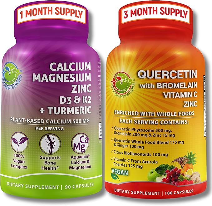 SUPPLEMENTS STUDIO Quercetin with Bromelain Vitamin C &amp Zinc + Plant-Based Calcium Magnesium D3 K2 &amp Turmeric – 100% Vegan Supplement Bundle for Immune &amp Bone Support