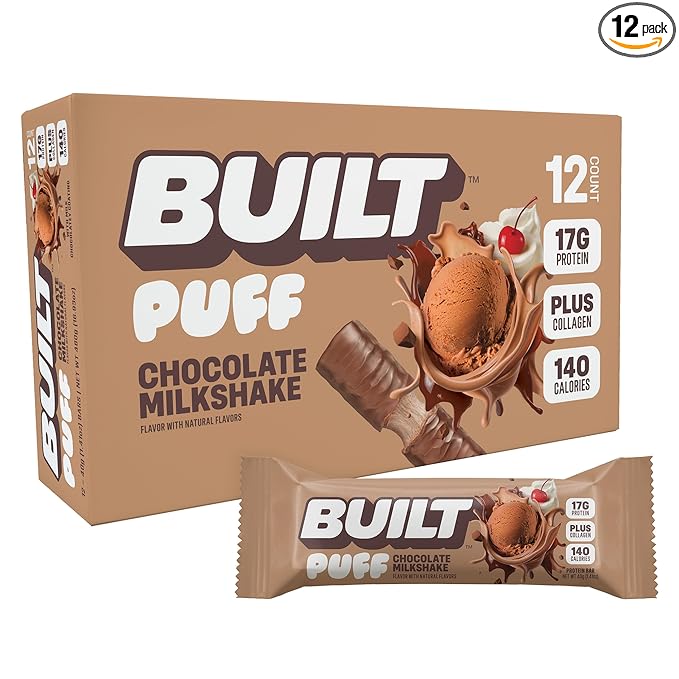 BUILT Bar Puff Protein Bars - Chocolate Milkshake - 17g Protein Snack Bars with Collagen - Calorie Conscious &amp Gluten Free - 12 Count