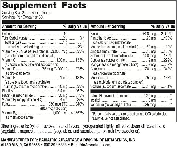 Bariatric Advantage Chewable Essential Multivitamin Without Iron - 200 DV of Key Nutrients - Trace Mineral Support* - Multivitamins for Bariatric Patients - Orange - 60 Count