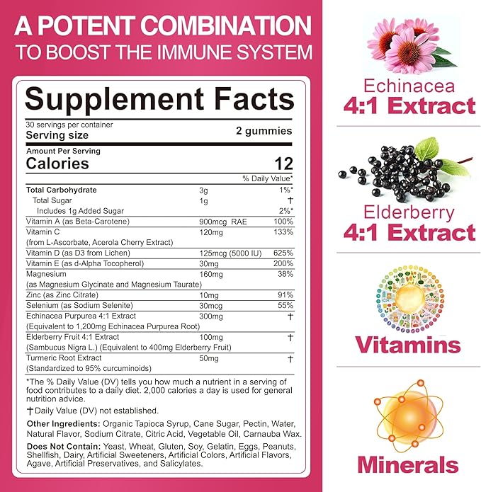 10 in 1 Immune Support Supplement Gummies w/Echinacea Elderberry Vitamin C and Zinc Selenium Vitamin D3 5000IU Magnesium Daily Immune Booster Multivitamin for Antioxidant Bone Energy 2 Pack