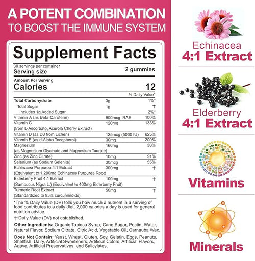 10 in 1 Immune Support Supplement Gummies w/Echinacea Elderberry Vitamin C and Zinc Selenium Vitamin D3 5000IU Magnesium Daily Immune Booster Multivitamin for Antioxidant Bone Energy 2 Pack