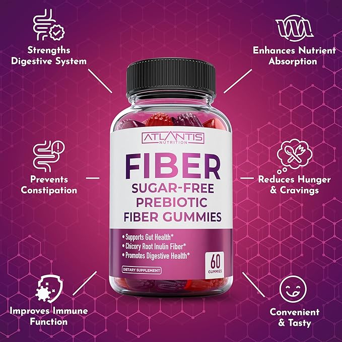 Atlantis Nutrition Sugar Free Prebiotic Fiber Gummies for Adults 2-Pack (120 Gummies) + Supergreens 60 Gummies